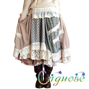 Röcke Frühling Sommer Herbst Damen Retro Patch Polka Dot Stitching Blumenspitze Weibliche Japanische Damen Midi Langer Maxirock Damen