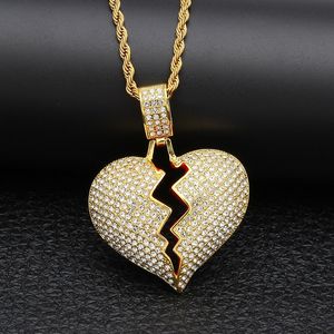 Iced Out Broken Heart Wisiorek Naszyjnik Dla Mężczyzna Kobiet Moda Hip Hop Gold Naszyjniki Biżuteria