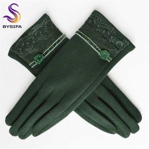 [Bysifa] cashmere ull kvinnor handskar vinter tjocka damer spets broderade grå och grön elegant mjuka vantar 220113