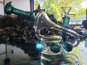 5,5 Zoll hohe Wasserbongs aus Glas, Wasserpfeifen, lila, dunkelgrün, Recyler, DAB-Rigs, Horn, Trompetenform, Bubbler mit Schüssel