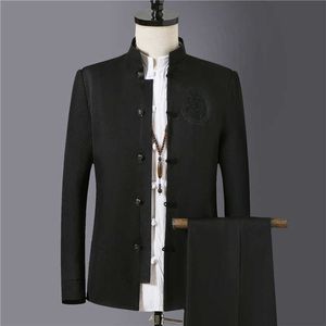 2019 wysokiej jakości czarny stojak garnitur garnitur mężczyźni biznes bankiet impreza męska marynarka kurtka i spodnie slim fit męskie haftowane garnitury x0909