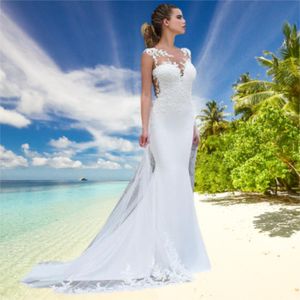 2021 Bruds bröllopsklänning Ärmlös spets Jewel Appliqued Mermaid White Beach Bridal Gowns