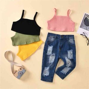 1 2 3 4 5 Anos Meninas Roupas Conjunto Novo Verão Moda Crianças Ternos Tops + Calças De Jeans 2 Pcs Roupas De Bebê Roupas 210326