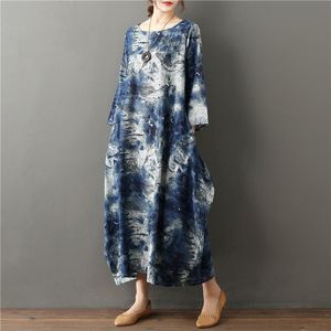 カジュアルドレスプラスサイズの中国の伝統綿リネン夏のドレス2021ビンテージプリントローブ緩い快適な女性