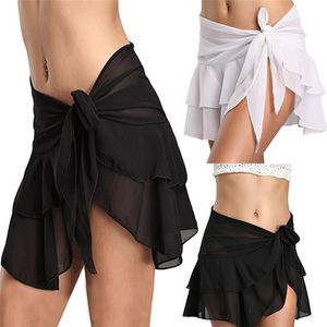 Women's Hawaiian Holiday Solid Color High Waist Mesh Knotted With Pleated Cover Up Sheer Beach Mini Wrap Sarong Pareo Skirt Sarongs