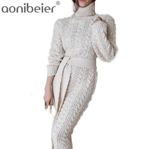 Cable Knit Camisola Vestido Primavera de Inverno Turtleneck Manga Longa Bodycon Cintura Alta Knee Comprimento Mulheres Midi 210604