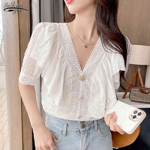 Summer Sweet Lace Women Tops Fashion V Neck Cotton Button Up Shirt White Blouse Short Sleeve Ruffle Clothes 14197 210521