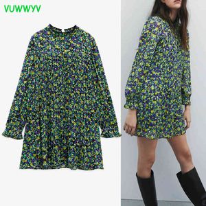 Vintage Floral Impressão Curta Vestido Moda Moda Metálico Linha Smock Design Mulher Longa Buff Manga Plissada Vestido 210430