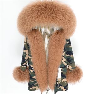 暖かい茶色のモンゴル羊の毛皮トリムプラケットムクラ・ファーズ女性パーカーカーキホワイトウサギの毛皮の裏地迷彩長いパーカースノーキャンバスジャケット