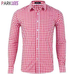 Męskie Klasyczne Gingham Plaid Bawełna Dorywczo Koszula Slim Fit Długie Rękaw Przycisk Down Shirts Business Office Work Marka Koszula 210522