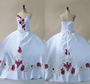Röd guld broderad bröllopsklänning vit plus storlek 2021 en axel öppen rygg spets upp brudklänningar kvinnor formella klänningar vestidos de quinceanera