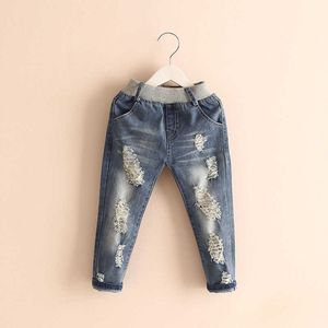 Spring Autumn 2-6 8 10 Years Children Birthday Gift Elastic Long Trousers Washed Hole Denim Jeans For Baby Kids Girls 210529