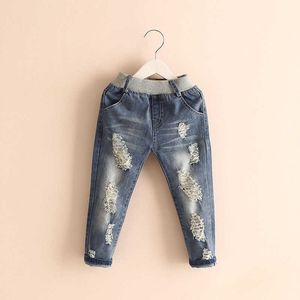 Primavera Autunno 2-6 8 10 anni Regalo di compleanno per bambini Pantaloni lunghi elastici Jeans in denim con foro lavato per bambine 210529