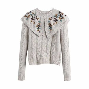 Fall Winter Women Embroider Knit Sweater Peter Pan collar Long Sleeves Casual Fashion Women Sweaters Pullovers 210709