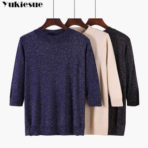 Women Pullover Sweater Lurex Glitter Knitted pullover Tops Spring Autumn Half Sleeve Elasticity o-neck Female Jumper 210608