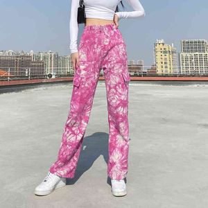Mulheres largas perna jeans camffouge rosa grande bolso alto cintura calça calça casual quadril pop trousers 210524