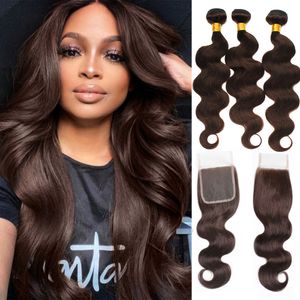 Brazilian Body Wave Human Hair 3 Bundles with Lace Closure Dark Brown Pre-Plucked Natural Hairline