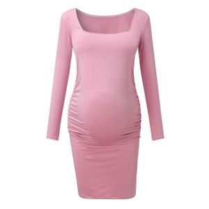 Women Maternity Dresses Mom Pregnancy Maternity Square Collar Long Sleeve Solid Dresses Robe Femme Mama Clothes Vestidos Vestido Q0713