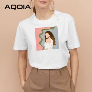 Aqoia vintage abstrato pintura mulheres camiseta de mangas curtas estilo coreano em volta do pescoço do pescoço de verão meninas de moda tops 210521