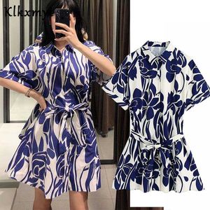 Klkxmyt summer dress women england high street vintage print lace up party shirt za vestidos de fiesta noche 210527