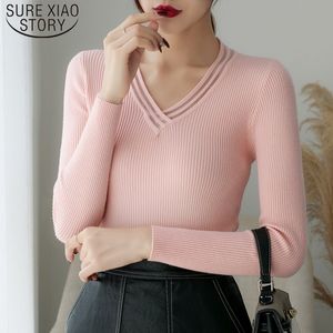 Slim Solid Long Sleeve Sweater Autumn Fashion Women Mesh V-neck Blue Sueter Mujer Invierno 6042 50 210510