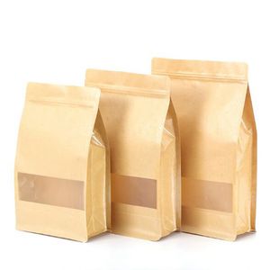 Bolsas de papel kraft reutilizáveis ​​com janela zipper alimentos a granel se levantam sacos Saco de embalagem de presente para produtos secos Atacado