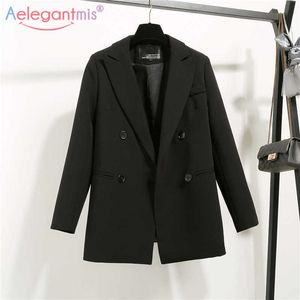 Aelegantmis Double Breasted Mulheres Casual Blazer Escritório Senhora Business Blazers Jaqueta Feminino Trabalho Feminino Senhoras Elegante Outerwear 210607