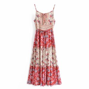 Holiday Style Women Flower Printing Splicing Suspender Midi Dress Female Sleeveless Clothes Casual Lady Loose Vestido D7390 210430