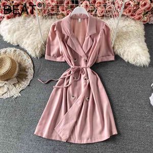 DEAT Women Double Breasted Dress V-Neck Short Sleeve Arrivals Lady Temperament Fashion Spring Summer 11D1714 210709