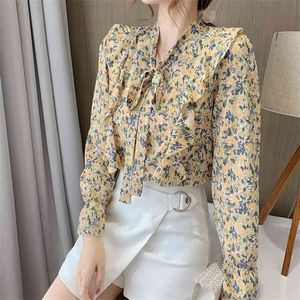 Höst Chiffonskjorta Kvinnors Fashion Långärmad Ribbon Tryckta Bow Tops Slim Korean Blouse Blusas Mujer de MODA P225 210527