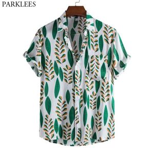 Green Leaves Print Hawaiian Shirt Male Funky Casual Button Down Short Sleeve Shirts Mens Tropical Aloha Beach Clothing 3xl 210522