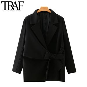 Mulheres moda com arco amarrado embrulhar solto blazer casaco vintage manga comprida feminina outerwear chique tops 210507