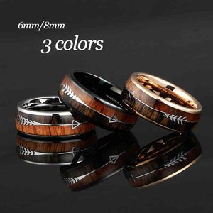 6/8mm Tungsten Carbide Rings for Men Women Wedding Bands Nature Koa Wood Arrow Inlay Free Engraving Comfort Fit