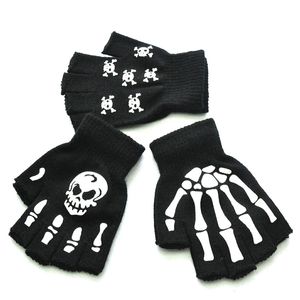 Halloween-Skelett-Schädel-Halbfinger-Handschuhe, Outdoor-Sport-Handschuhe, leuchtet im Dunkeln, fingerlose Stretch-Strick-Winter-Fäustlinge