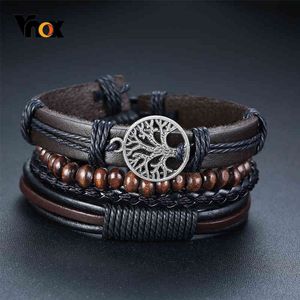 VNOX 4PCS / SET BRAIDED WRAP pulseiras de couro para homens Vintage Video Tree Leme Charme Grânulos de madeira étnica tribal pulseiras tribais