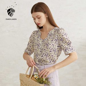 FANSILANEN Puff sleeve floral print chiffon blouse shirt Women v neck vintage summer top Female boho casual button up sexy 210607