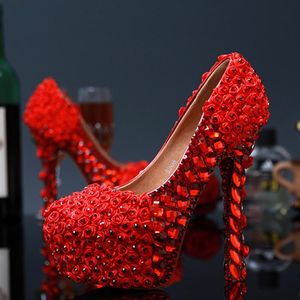 Dress Shoes Beautiful High Heels White And Red Flower Bridal Wedding Crystal Party Proms Woman Round Toe