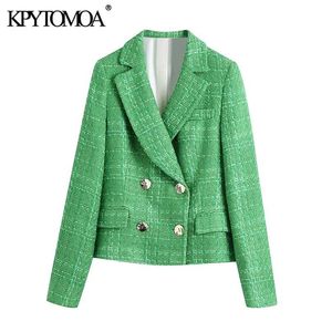 KPYTOMOA Women Fashion Double Breasted Tweed Blazer Coat Vintage Long Sleeve Female Outerwear Chic Veste Femme 211019