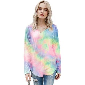 Tie Dye Långärmad Sexig T-shirt För Kvinnor Sommar V-Neck Plus Storlek Mode Tshirt Damtoppar Harajuku Tee Femme 210608