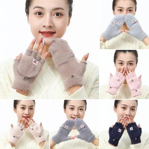 Autumn Winter Girls Flipped Half Finger Gloves Knitted Plush Fingerless Gloves Soft Thicken Outdoor Hand Wrist Warmer Mittens