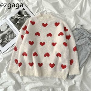 Ezgaga Love Haft Dzianiny sweter Pullover Kobiety Słodka O-Neck Luźna Znosić Ciepłe Kobiet Topy Casual Koreański Zimowy Jumper 210430
