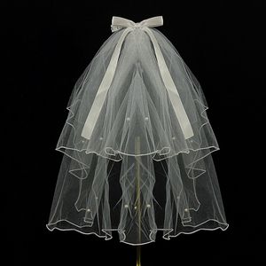 Eleganter kurzer Hochzeitsschleier, Brautschleier, Zubehör, Tüll mit Perlen, Schleife, 70 cm