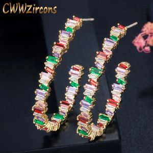 Luxury Baguette Rainbow CZ Crystal Yellow Gold Color Half Circle Round Big Hoop Earrings for Women Jewelry CZ591 210714