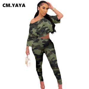 CM.YAYA Three Quarter Crop Top Matching Full Length Sheath Pants Camouflage 2 Piece Set Women Pullover Slash Neck Two Piece Suit Y0625