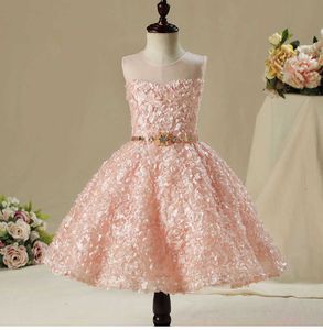 High Quality Flower Girl Party Pageant Princess Wedding Dress Appliques Belt Glitz Lace Girl First Communion Dresses Q0716