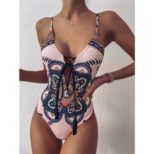 Vintage Print Swimsuit Women Swimwear Bandage Bodysuit Push Up Monokini Summer Bathing Suits Beach Wear 210521