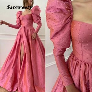 Розовые пенистые вечерние платья из бисера с бисером с длинными рукавами и раскол открытыми юбками партии платье тафта пухлое платье выпускного вечера Vestidos Robe de Soiree