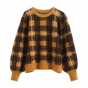 Women's Retro Checkered Pattern Knit Sweater All-Match Lantern Long Sleeve Oversized Pullover Chic Top 210521