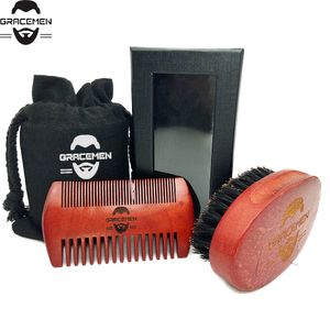 MOQ 100 sätter OEM Custom Logo Red Wooden Hair / Beard Care Kit med påse Box för Man Mustasch Beards Hairs Brush och Comb Set