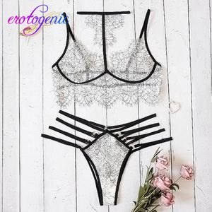 Bras Sets 2021Top Sex Shop Sexy Costumes Women Lace Embroidery Lingerie Set Halter Bra Hollow Thong Sleepwear Lenceria Mujer